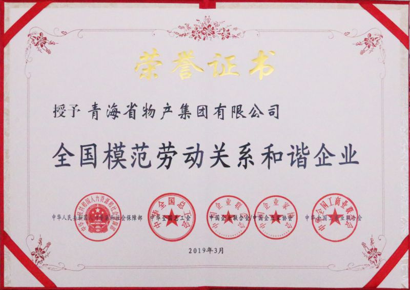 2019年全國模范勞動關(guān)系和諧企業(yè)證書