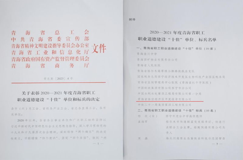 青海省臨空經(jīng)濟區(qū)開發(fā)投資有限公司榮獲青海省職工職業(yè)道德建設“十佳”單位